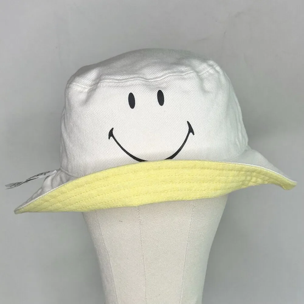 AMERICAN EAGLE Reversible Smiley Face Bucket Hat Sz O/S Yellow White Summer